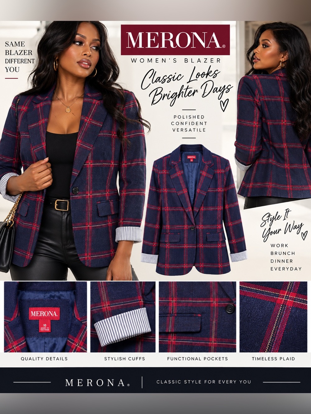 Merona Navy Blazer with Red Windowpane Plaid size 10